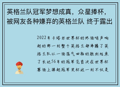 英格兰队冠军梦想成真，众星捧杯，被网友各种嫌弃的英格兰队 终于露出了“冠军相”_