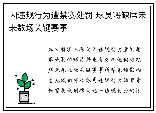 因违规行为遭禁赛处罚 球员将缺席未来数场关键赛事
