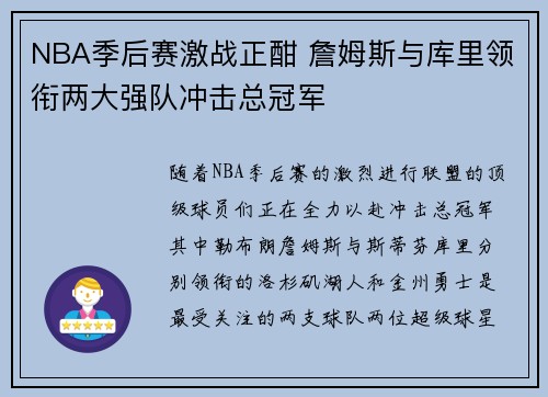 NBA季后赛激战正酣 詹姆斯与库里领衔两大强队冲击总冠军